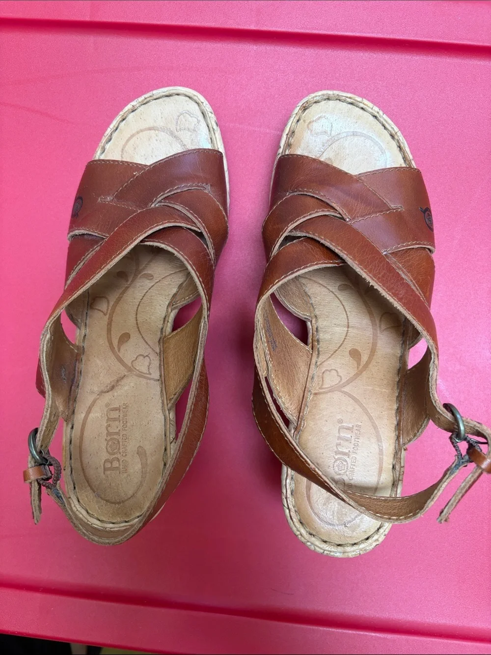 Born Tan Leather Crisscross Wedge Sandals